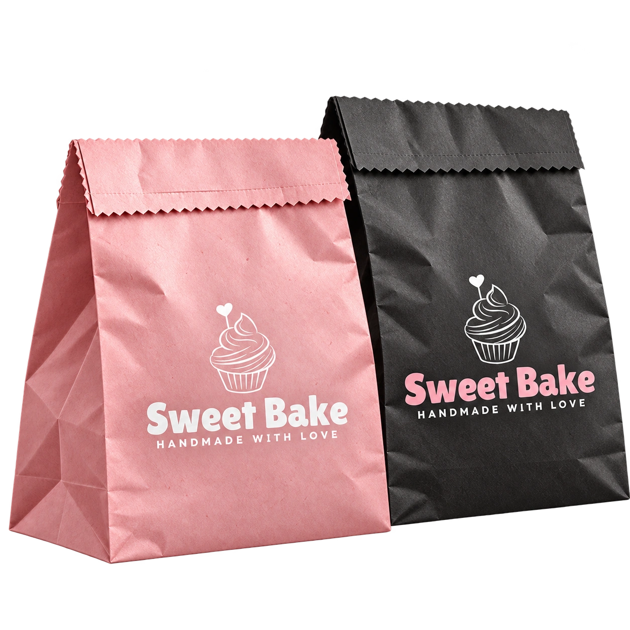 Sweet Bake pink and charcoal bakery bags with cupcake logo and Handmade With Love tagline