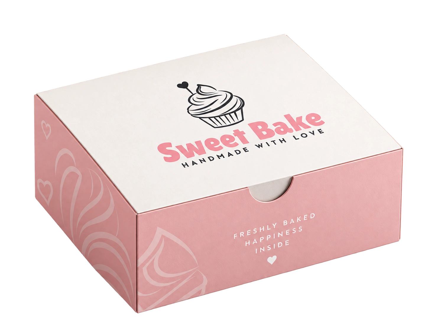 Sweet Bake pink and white bakery box with cupcake logo and Freshly Baked Happiness Inside lettering