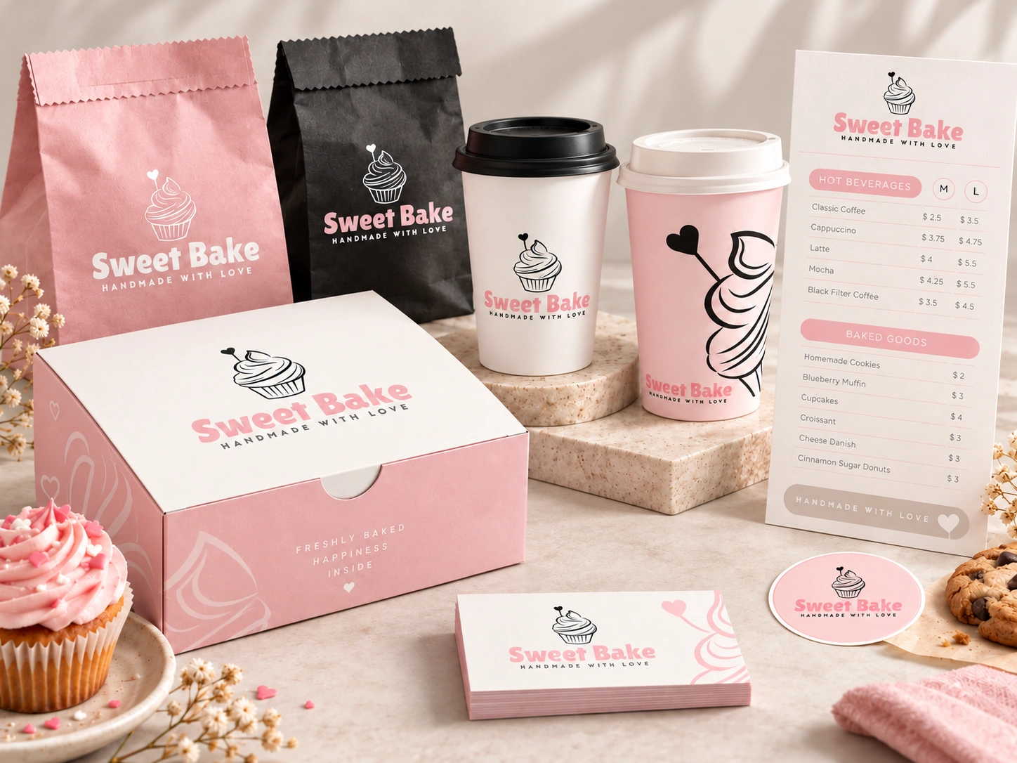 Sweet Bake pink and charcoal bakery branding with bags, takeaway cups, bakery box, menu, business cards, and sticker